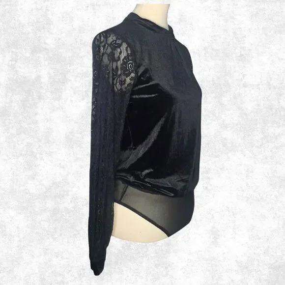 Jealous Tomato Black Velvet Lace Sleeve Bodysuit – Goth Glam Keyhole Back S - Picture 5 of 7